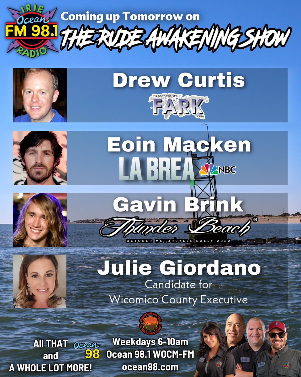 Ocean98WOCM's tweet photo. Coming up tomorrow morning! https://t.co/nA1za8YrQn
#ocean98 #ocmd #bulldogsrudeawakeningshow
#voiceofthecommunity #thankyouforlistening #funkytuesday #diricksoncreekconstruction #juliegiordano #gavinhades #thunderbeachrally #eoinmacken #labrea #nbc #itsnotnewsitsfark https://t.co/zA0pJdhttm