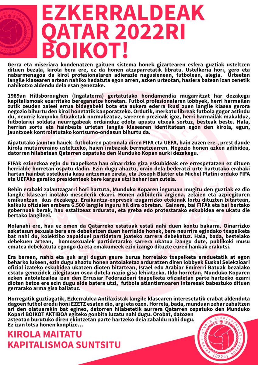 EzkAntifaxista's tweet photo. EZKERRALDEAK QATAR 2022RI BOIKOT!
KIROLA MAITATU, KAPITALISMOA SUNTSITU! https://t.co/JVzf5liTot