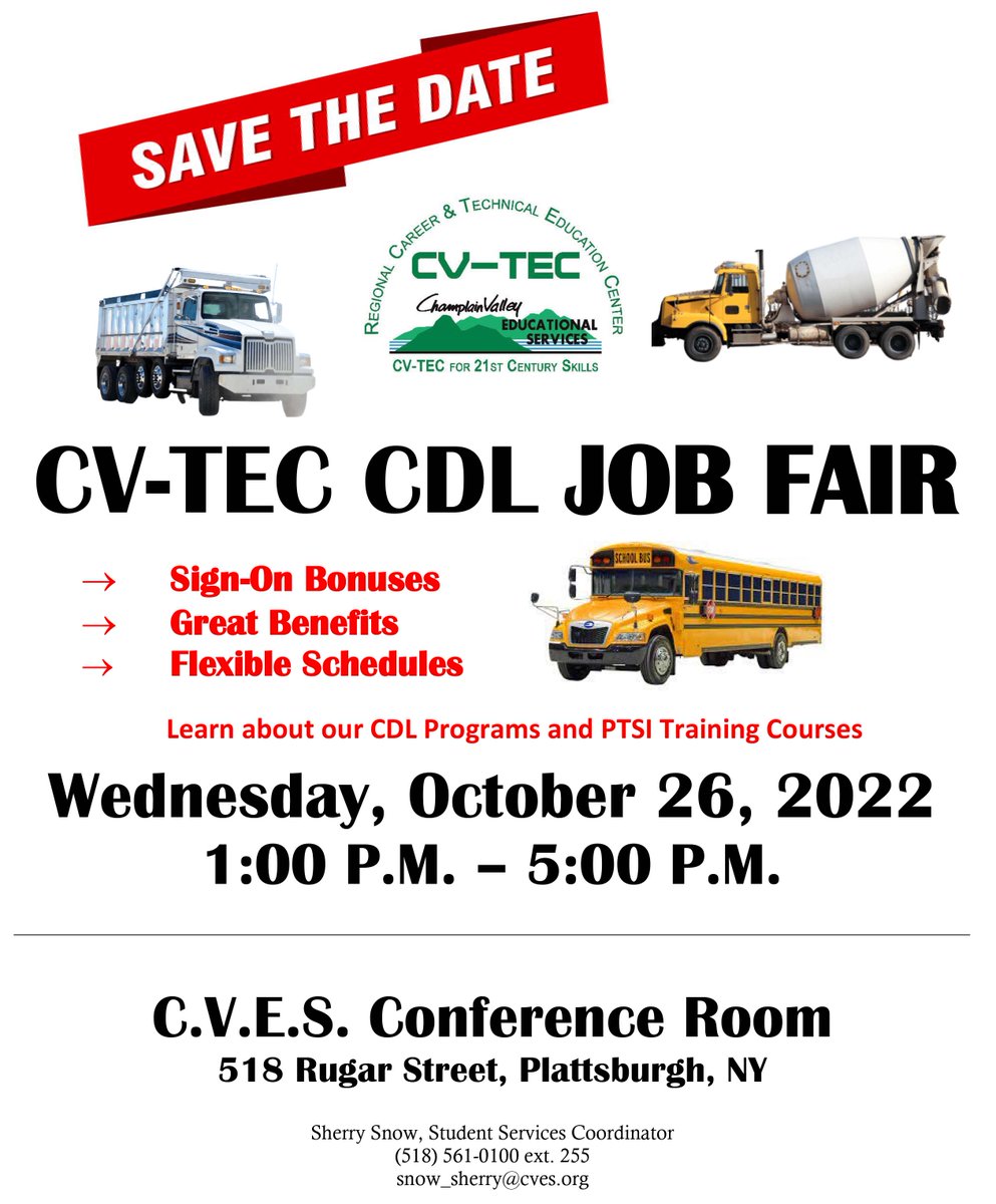 CVESBOCES's tweet photo. Don't miss out on our CV-TEC CDL Job Fair coming up this Wednesday! Make sure to stop by our CVES Conference Center at 518 Rugar Street in Plattsburgh anytime between 1 p.m. to 5 p.m.! #CVES #BOCES #EmbraceOurWhy https://t.co/nde9IcFyoe