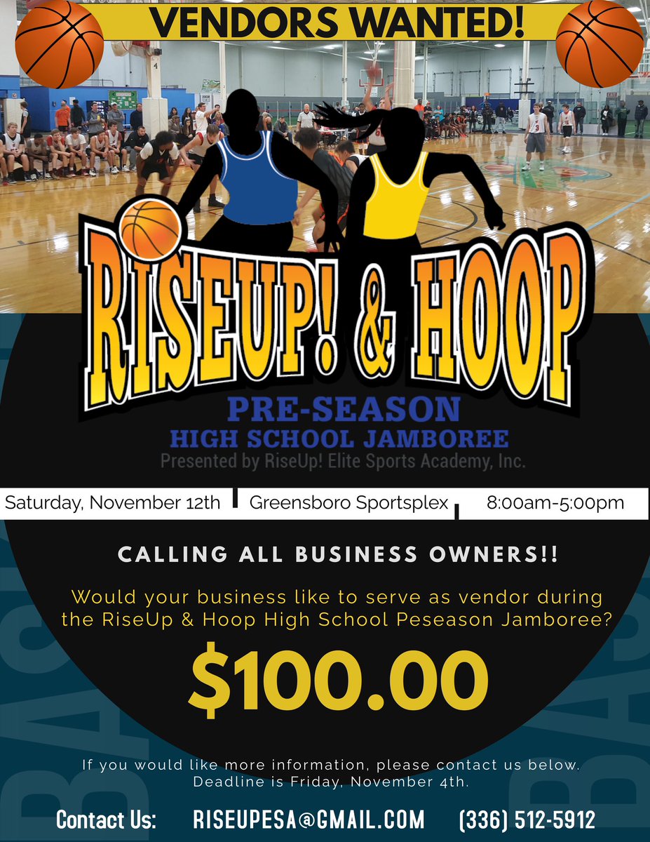 InfoRising's tweet photo. Calling all business owners!! If you sell shirts, jewelry, socks, or anything else….we want you to be part of our event. There will be an estimated 1,000+ spectators and players attending our one day jamboree. 

Serious inquiries only. Deadline is Friday, Nov. 4th. https://t.co/ij9aVnvMEl