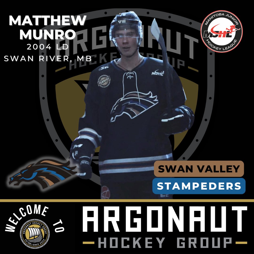 ArgonautHockey's tweet photo. Player Announcement 📢 We are very excited to announce the addition of 2004-born Defenceman Matthew Munro. Hailing from Swan River, Manitoba, Matt is in his rookie season for his hometown @SVStampeders in the @mjhlhockey. https://t.co/P10izYCcDz