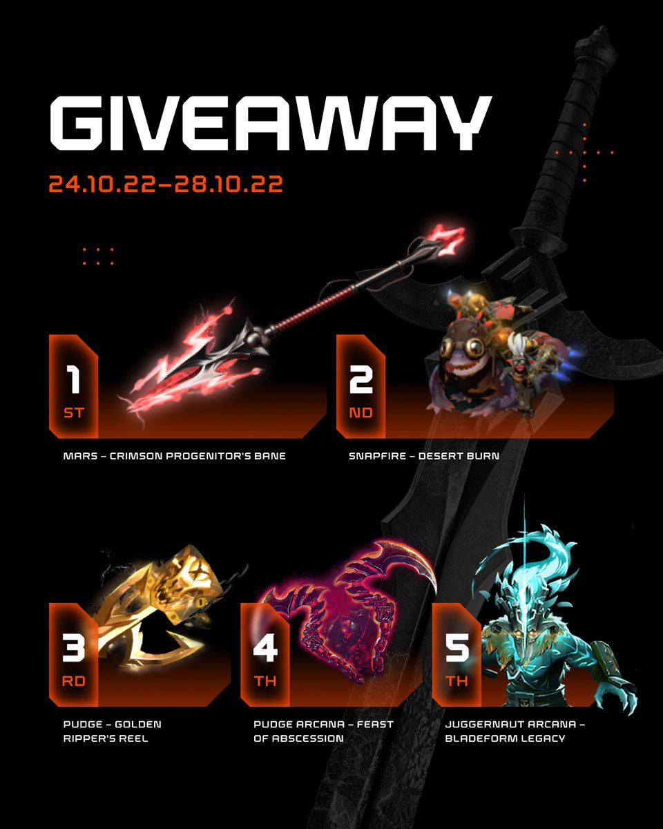 ggbet_en's tweet photo. While waiting for #TI11 finals, let's do a little giveaway!

Five skins, five winners, five days 🧡

What you need to do:
1. Follow @ggbet_en 🙂
2. Retweet this post
3. Tag two friends you play Dota with in replies 👇

Done.
We'll draw five random winners on 28.10.2022. https://t.co/uS7MYX9PEp