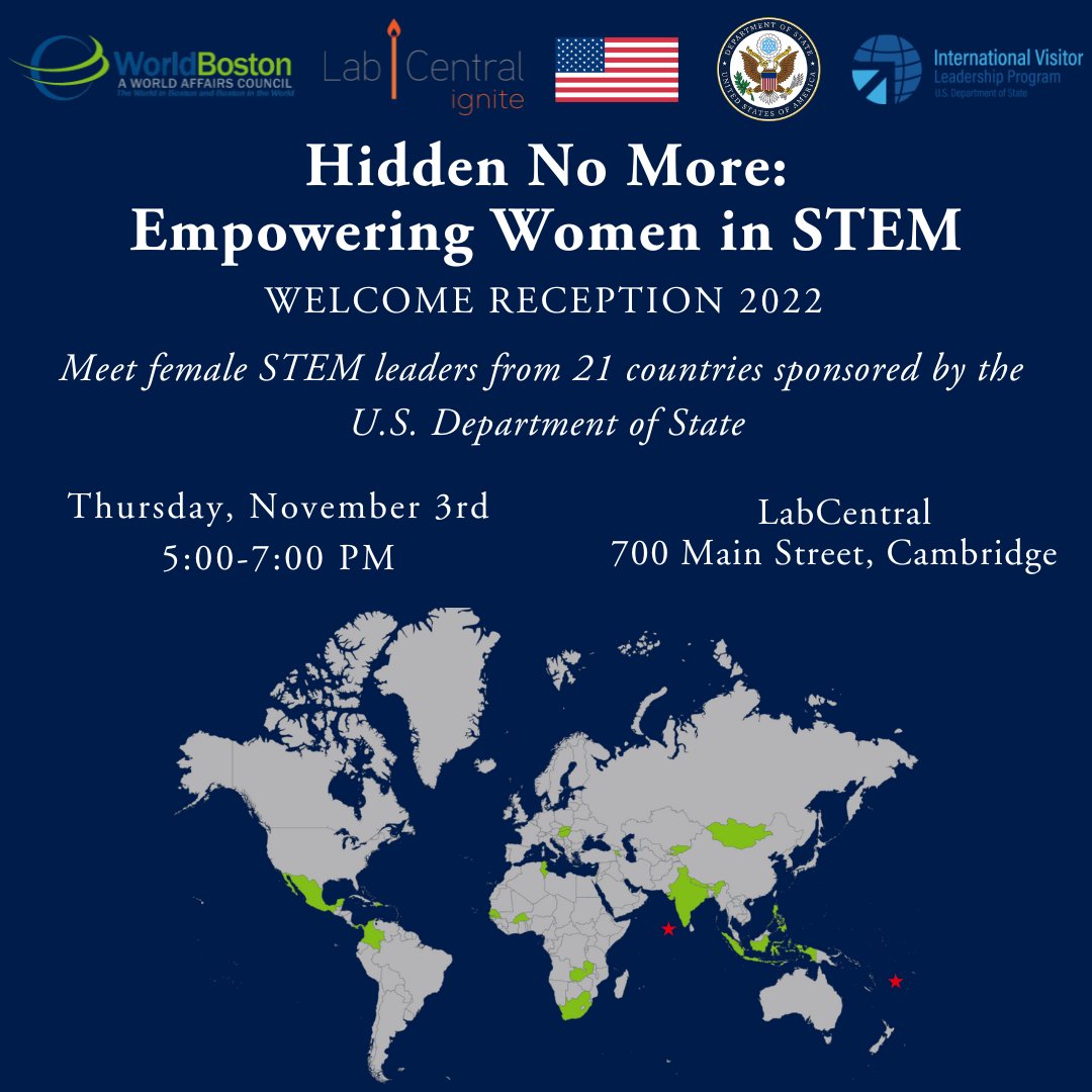 WorldBoston's tweet image. NEXT WEEK!

Join us alongside LabCentral Ignite and the U.S. Department of State&apos;s International Visitor Leadership Program for this special opportunity to meet with women leaders in STEM from around the world! 🌎🌍🌏
