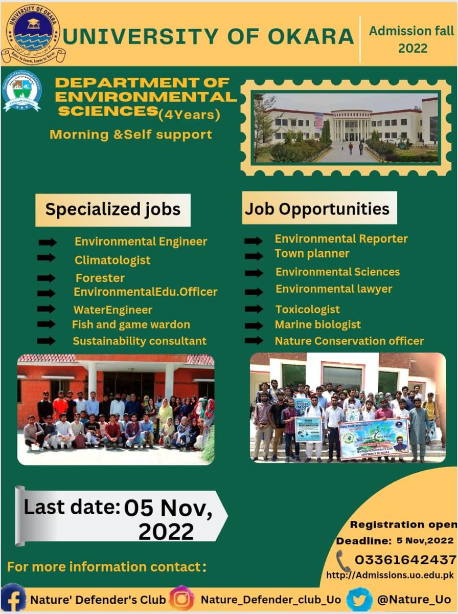 nature_uo's tweet image. Admission open In University of Okara 
 Bs #environmentalscience 
For further information kindly visit Uo Bs #Environmental help desk
 @uomediaofficial 
#AdmissionsFall2022 #universityofokaraadmissions2022 #universityofokaraadmissions
