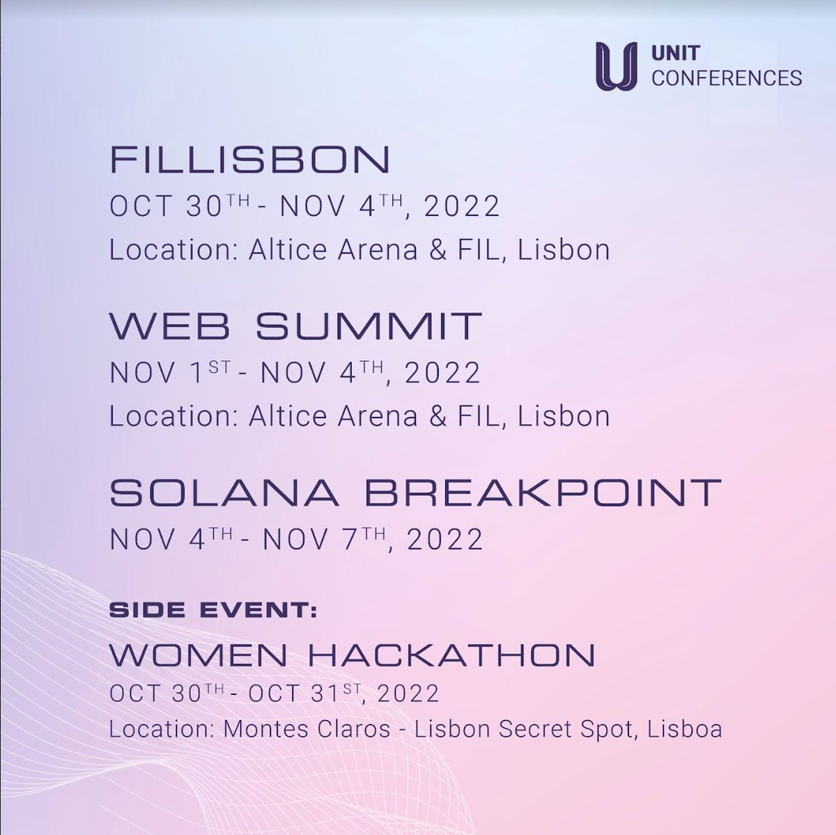 theunitnetwork's tweet photo. Pack your 🧳 we're going to Lisbon!🇵🇹

We are looking forward to meeting you there!

Event links:
FILLisbon: https://t.co/wc6pegZsGP
Web Summit: https://t.co/c87YdORRtQ
Solana Breakpoint: https://t.co/l99cpvpZFt
Women Hackathon: https://t.co/uvfw1EHo5c https://t.co/loAkvlG8eP