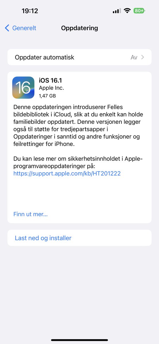 KnutMort1's tweet photo. iOS 16.1 is released in Norway. #ios161 #Norway https://t.co/oruePkjspJ