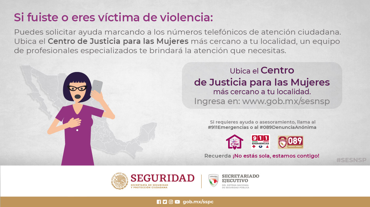 No estás sola. Si fuiste o eres víctima de violencia, ubica el #CJM más cercano a tu localidad ingresando a este enlace: gob.mx/sesnsp #PrevenciónDelDelito