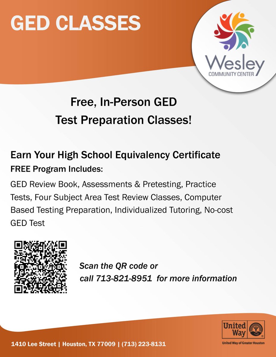 Did you know we offer free, In-Person GED Test Preparation Classes? Earn Your High School Equivalency Certificate Today! For more information call 713-821-8951 or if interested visit bit.ly/3qJCAlv. #WesleyEmpowers #education #GED