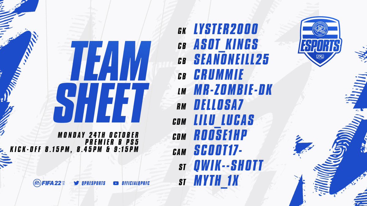👊🏾 Our team for tonight’s <a href="/OfficialVPG/">Virtual Pro Gaming</a> esports league. 

🏆 <a href="/VPGEurope/">Virtual Pro Gaming | Europe</a> Premier B 

🆚 <a href="/SCFCeSports/">Salford City eSports</a> 
🆚 @IstanbulsporEs 

#FIFA23 #QPR
