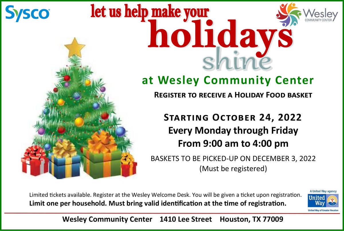 WesleyCCHouston's tweet photo. Let us help make your holidays shine! Registration for our Holiday Food Baskets is now open. Limited tickets are available so register today at the Wesley Welcome Desk. #WesleyEmpowers #FoodDistribution #HoustonNonprofit https://t.co/WMOkj1ryp2