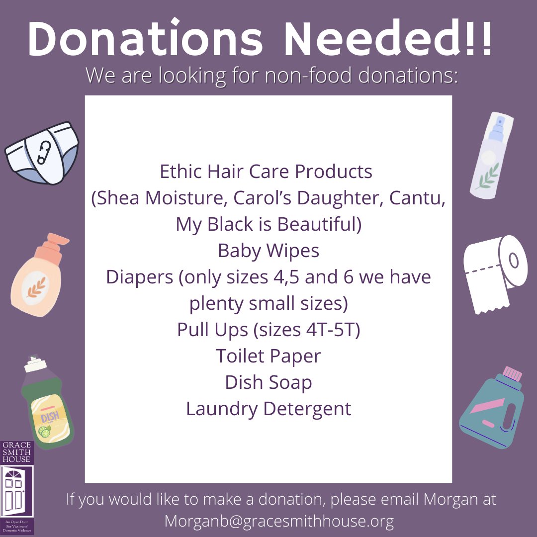 Grace Smith House (@gracesmithh0use) on Twitter photo We are in need of some unopened donation items for our pantry!
If you would like to donate, please email Morgan at Morganb@gracesmithhouse.org ๐
#dvam #dvam2022 #every1knowssome1 #domesticviolenceawarenessmonth #domesticviolence #domesticviolencesurvivor #weareresilient We are in need of some unopened donation items for our pantry!
If you would like to donate, please email Morgan at Morganb@gracesmithhouse.org ๐
#dvam #dvam2022 #every1knowssome1 #domesticviolenceawarenessmonth #domesticviolence #domesticviolencesurvivor #weareresilient