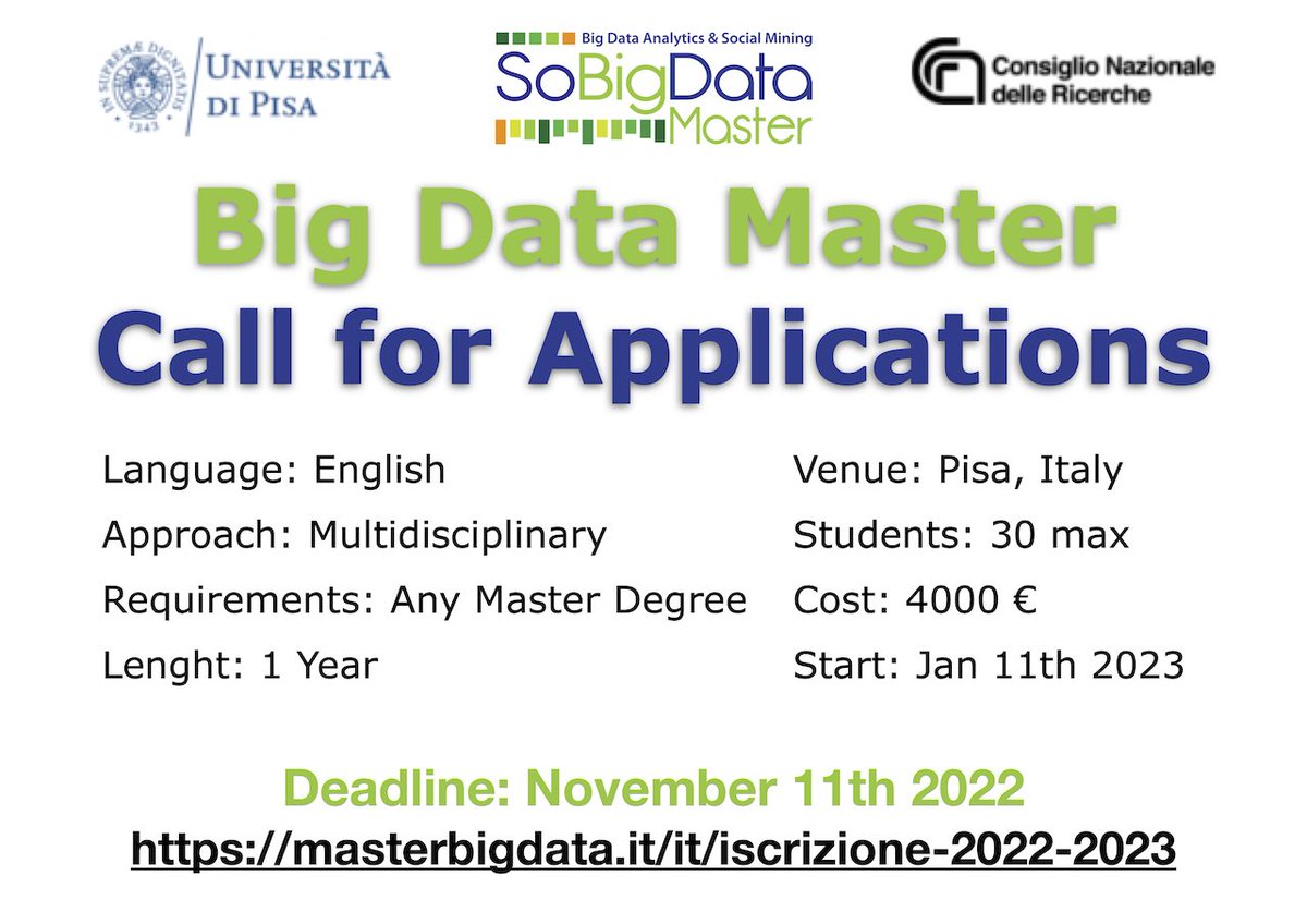 MasterBigDataPi's tweet photo. Vuoi lavorare su #BigData con #intelligenzaartificiale #deeplearning #machinelearning e #DataScience?
Iscriviti al #Master #BigData per laureati magistrali in ogni disciplina
#deadline del #Bando: 11 Nov 2022
#datajournalism #socialsciences #AI #IA #pisa
https://t.co/AcdtgaR4XH https://t.co/ZwBGdVkjSu