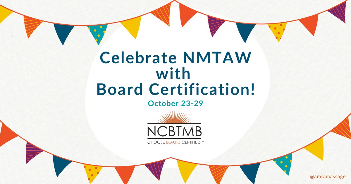 AMTAmassage's tweet photo. Celebrate #NMTAW by getting Board Certified! AMTA will cover the $275 cost to apply for Board Certification for all massage therapists (both AMTA members and non-members) who apply during October 23-29. Learn more: https://t.co/lbWwj8hTBZ #massagetherapy #massagetherapist https://t.co/ZhGMTpqgrx