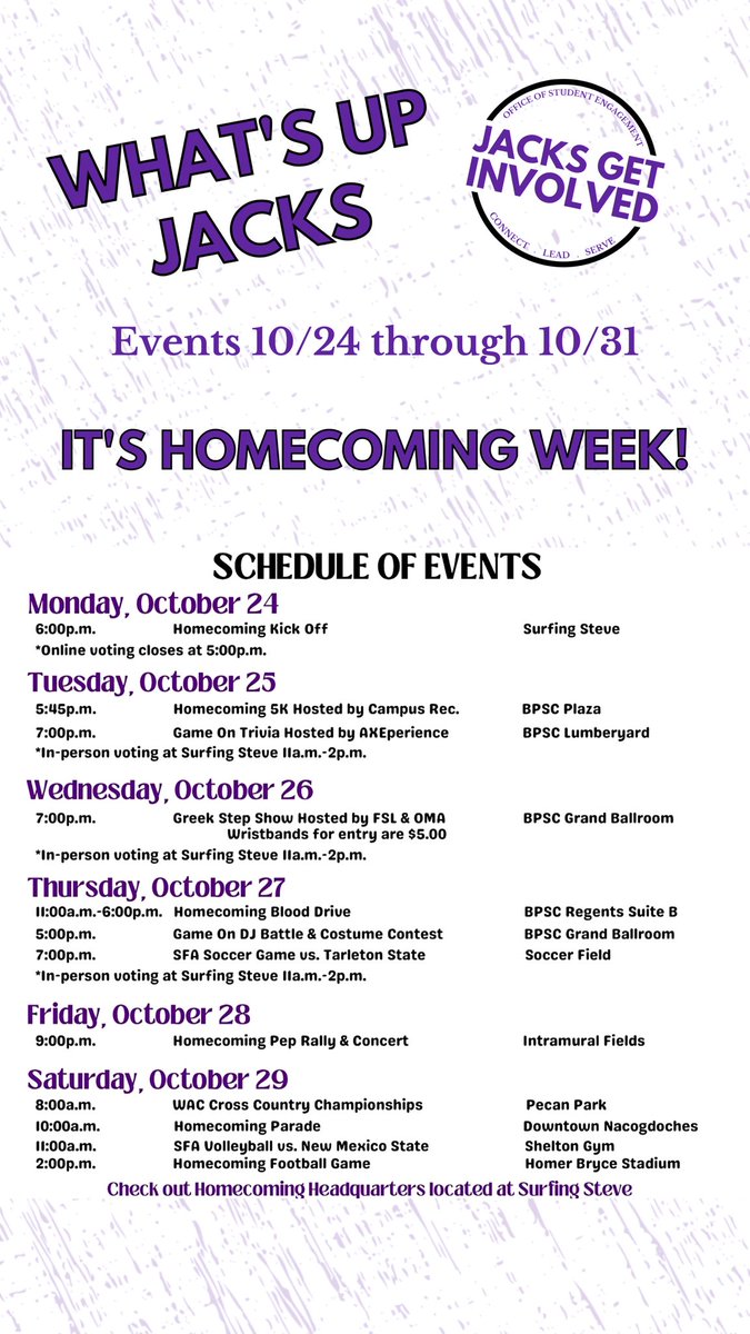 sfagetinvolved's tweet photo. IT’S HOMECOMING WEEK, JACKS! 🤩 Check out the events that are happening EVERYDAY!

Let’s have a great week!!!! We’ll see you around! 👏 #sfa #sfasu #axeem #axeemjacks #sfahomecoming #sfahoco #SFA22 #SFA23 #SFA24 #SFA25 #SFA26 https://t.co/HosMIGYYWO