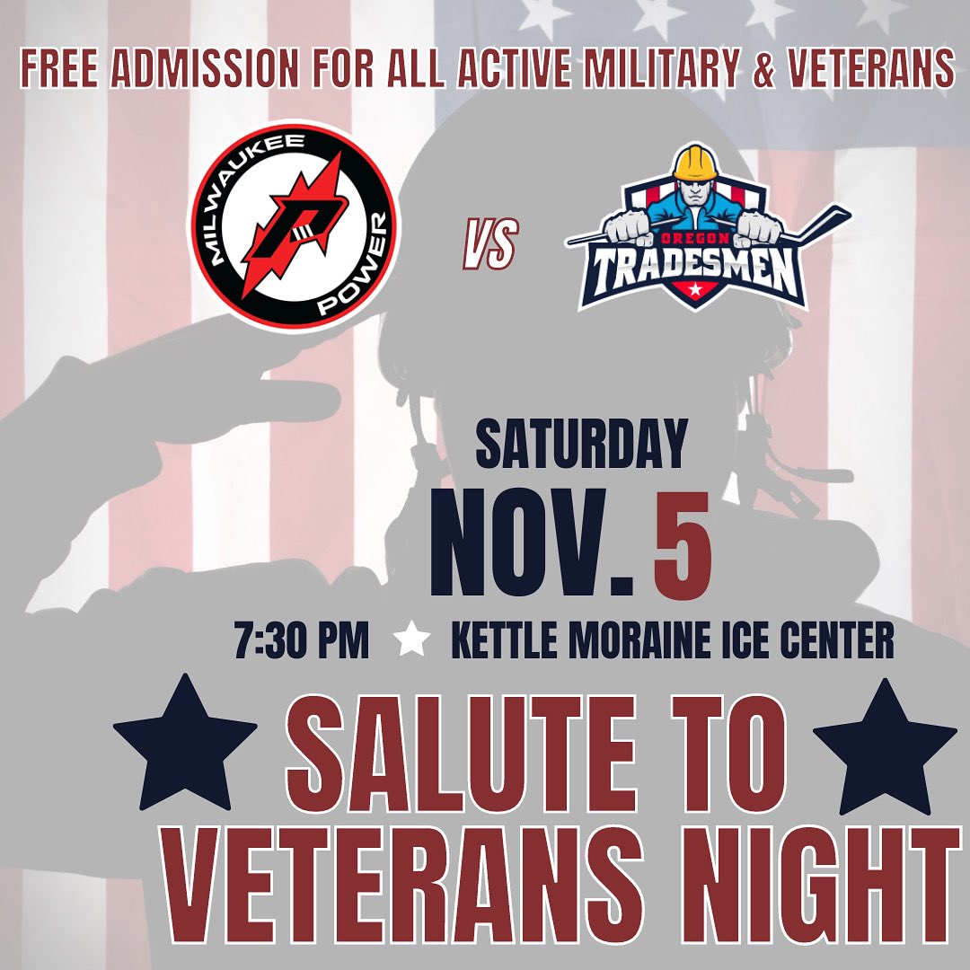 westbendpower's tweet photo. Mark your calendars for our next home game! Saturday, November 5th at 7:30 PM we will be honoring and recognizing those who have served our country during our Salute to Veterans Night. 
All active military and veterans will receive free admission.🇺🇸
#PowerSurge https://t.co/Rmap7WyNFe