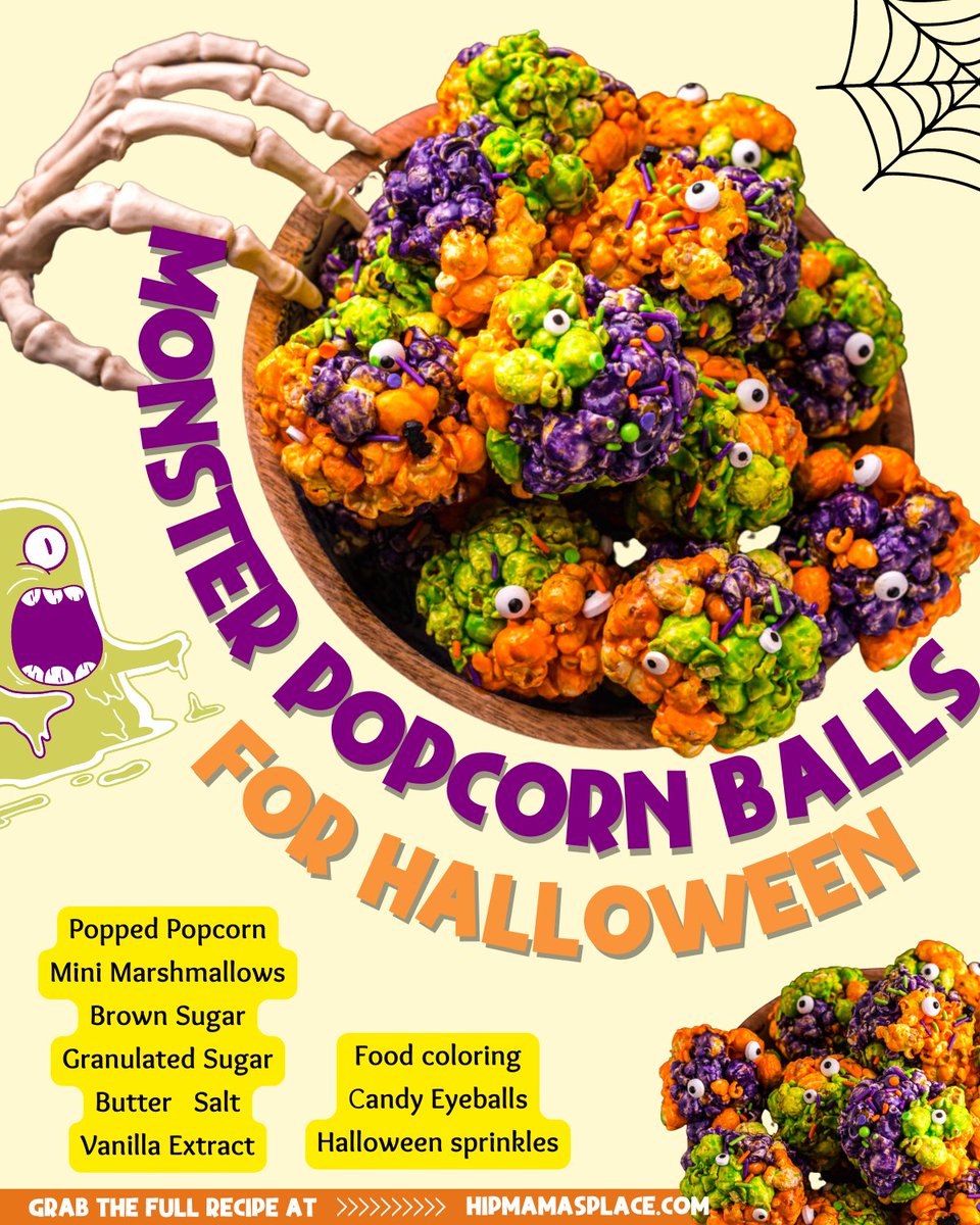 Spooky, fun and #yummy for #Halloween! Try my #recipe for MONSTER POPCORN BALLS! 😋🎃👻 GO HERE: bit.ly/3QDTbkQ #popcorn #easyrecipes #desserts #recipes #halloweenvibes #HipMamasPlace  #HALLOWEENPARTY #halloweencountdown #feedfeed #foodblogger #spooky #trickortreat