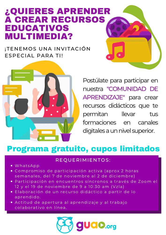 Entre Docentes
Invitamos a los docentes a participar en una comunidad de aprendizaje colaborativo Guao sobre Elaboración de Materiales Educativos Multimedia (MEM).
Detalles en la imagen.
Postúlate, aquí 👉 cutt.ly/uNyvnyA
Cupos limitados.