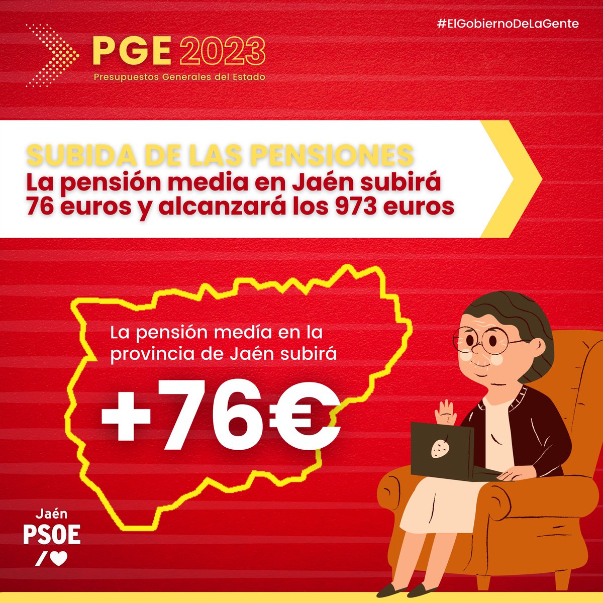 PSOEJAEN's tweet photo. 👴🏻 SUBIDA DE PENSIONES

👉🏻 Buenas noticias para los pensionistas Jiennenses que verán aumentar sus #pensiones 76€ de media 

#ElGobiernoDeLaGente 

📲 Más en la web ⤵️
https://t.co/bwOlBURwH2 https://t.co/JNSYBgJSZY