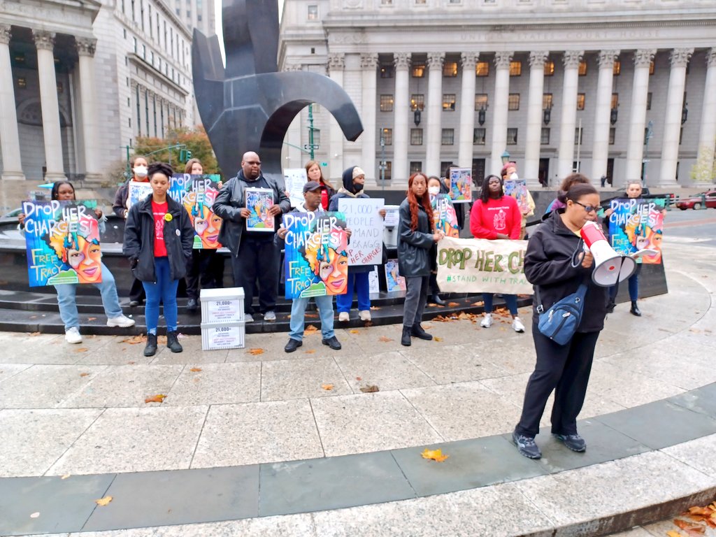 #StandWithTracy protesters gathered at NYC's Foley Square earlier today for a rally to demand that Manhattan DA Alvin Bragg #DropHerCharges. Tracy McCarter is a domestic violence survivor who is currently locked up for defending herself against her violent, abusive husband.