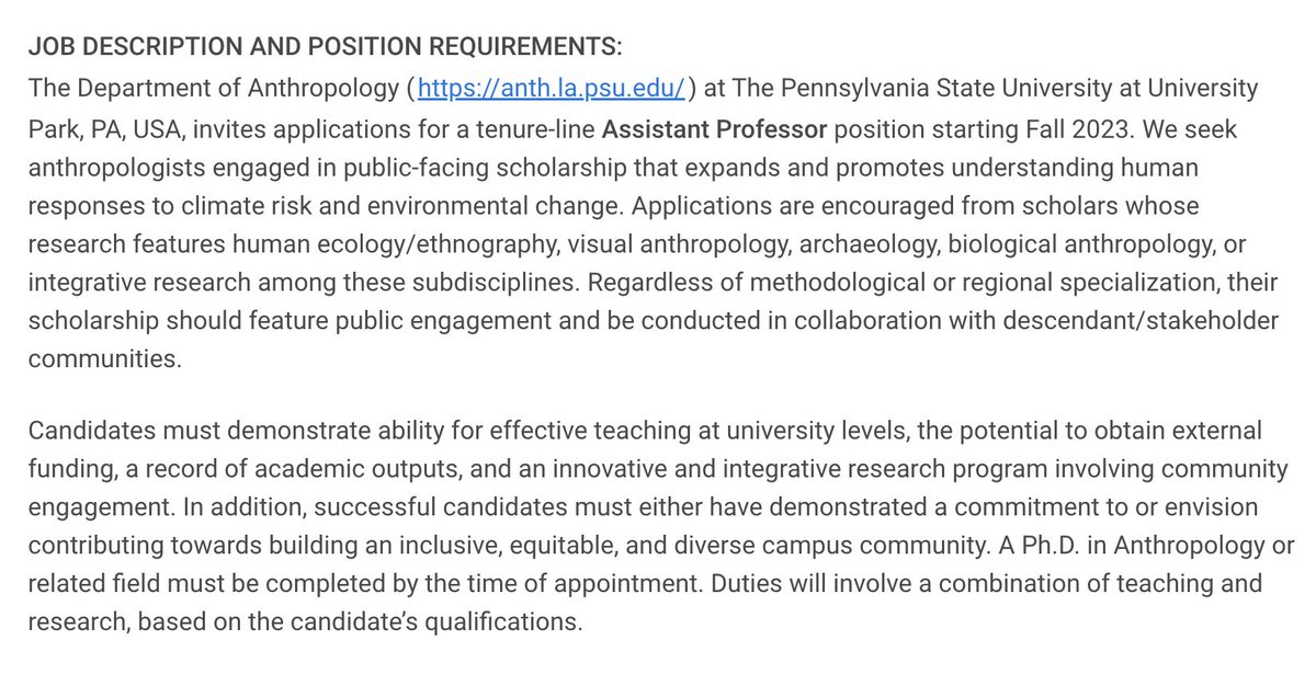 We (@PSU_Anthro) are hiring an Assistant Professor whose research focuses on the human response to climate risk & features public + community engagement. Apply here (review begins Nov 15): psu.wd1.myworkdayjobs.com/en-US/PSU_Acad… Pls RT!