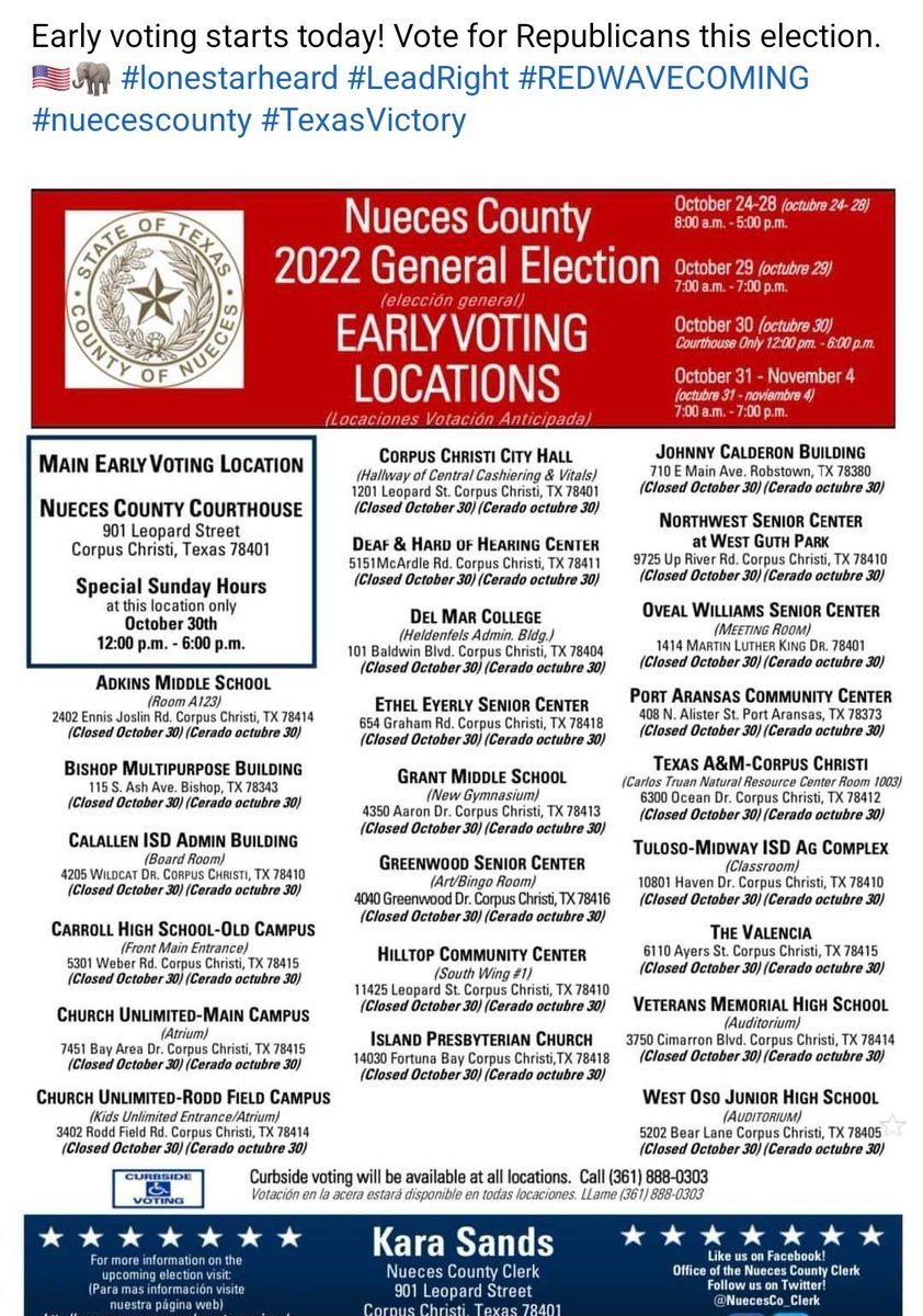 Early voting starts today! Vote for Republicans this election. 🇺🇲🐘 #lonestarheard #LeadRight #REDWAVECOMING #nuecescounty #TexasVictory