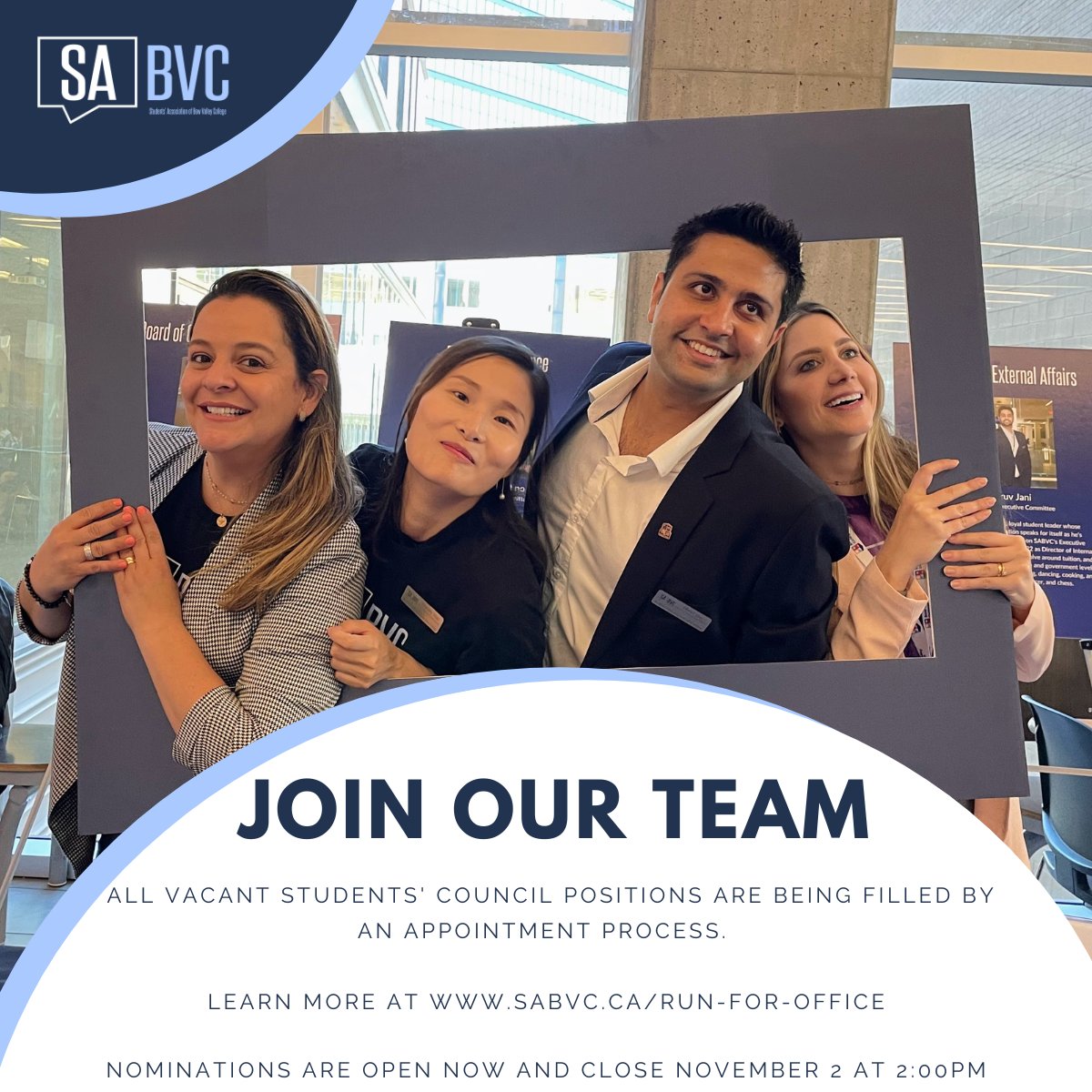 SAofBVC's tweet photo. 🚨Attention Students!🚨
It is not too late to get involved with Students' Council! All vacant positions are currently being filled by an appointment process.
To learn more and download your Candidate Manual, please visit https://t.co/wmEUBbTVYQ
#bvcnow #bvcbold #mybvc #sabvc https://t.co/GkwDgyiZZt