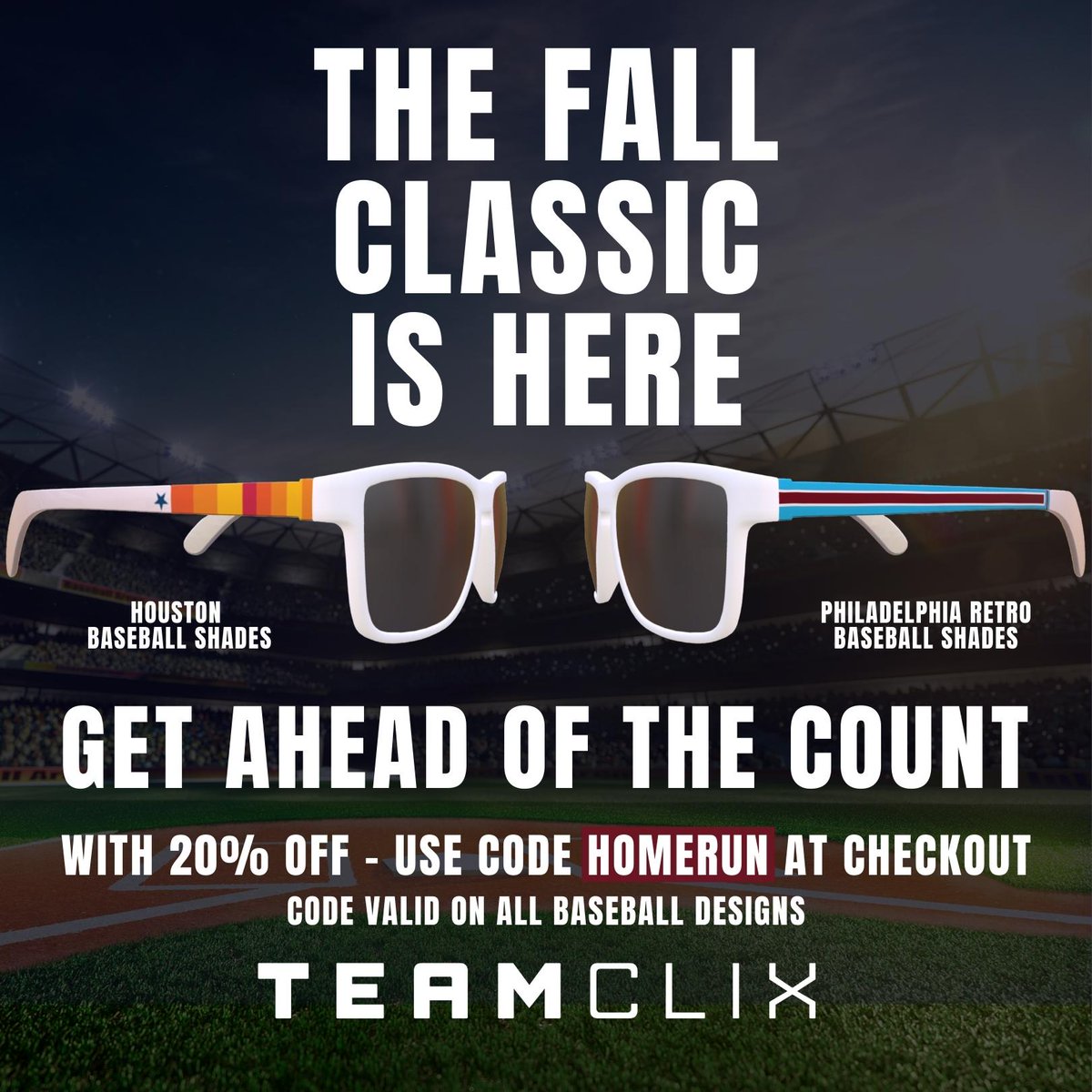 _teamclix's tweet photo. Don't Balk On These Savings! ⚾️ All Baseball Styles Are 20% Off Through The End Of The Series With Code "HOMERUN" at Checkout! ⚾️

😎 Shop all styles now at https://t.co/fLBpSw7ILX! 😎

#baseball #philadelphia #houston #sunglasses #shades #homerun https://t.co/6jvtJWYOP1