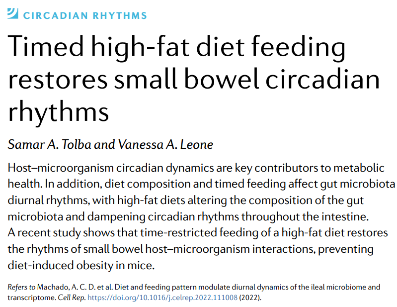 Timed high-fat diet feeding restores small bowel circadian rhythms, a News & Views by Samar A. Tolba & Vanessa A. Leone (£) go.nature.com/3z9C6tl