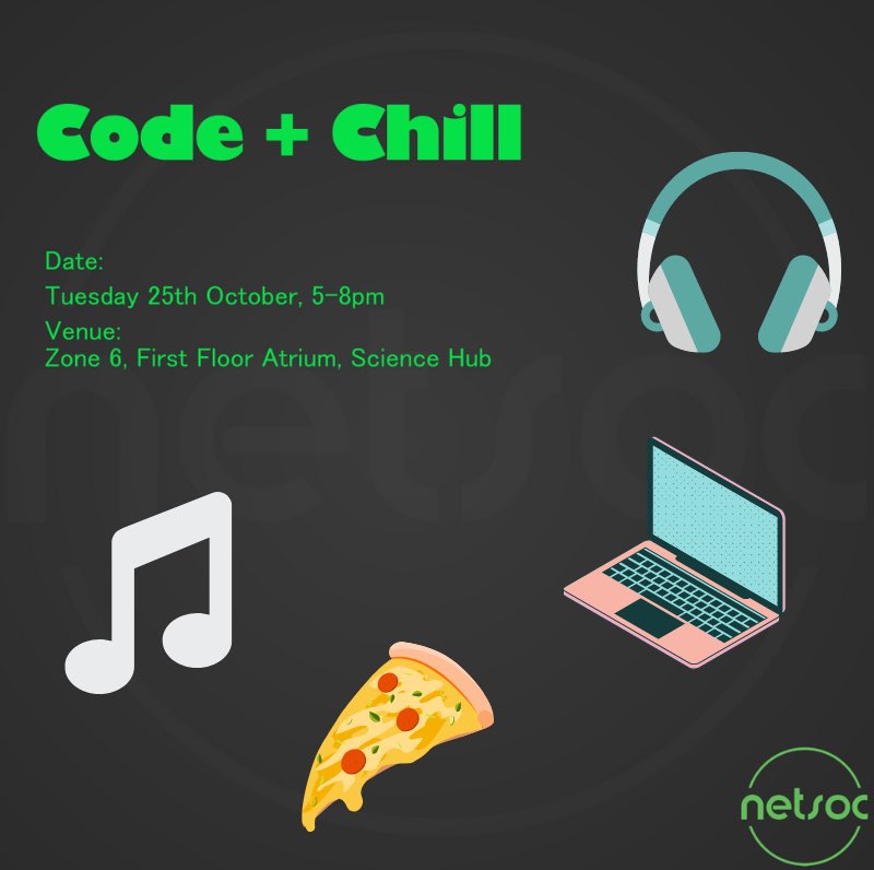 UCDNetsoc's tweet image. 📚SYNTAX AND RELAX📚 

We are having a “Code and Chill” session tomorrow!

Join us in the Science Hub from 5pm-8pm , where you can work on assignments (does not have to be coding 😂), put a bit of study in and get some free dinner! 

Who knows, you may even find a study buddy 😉