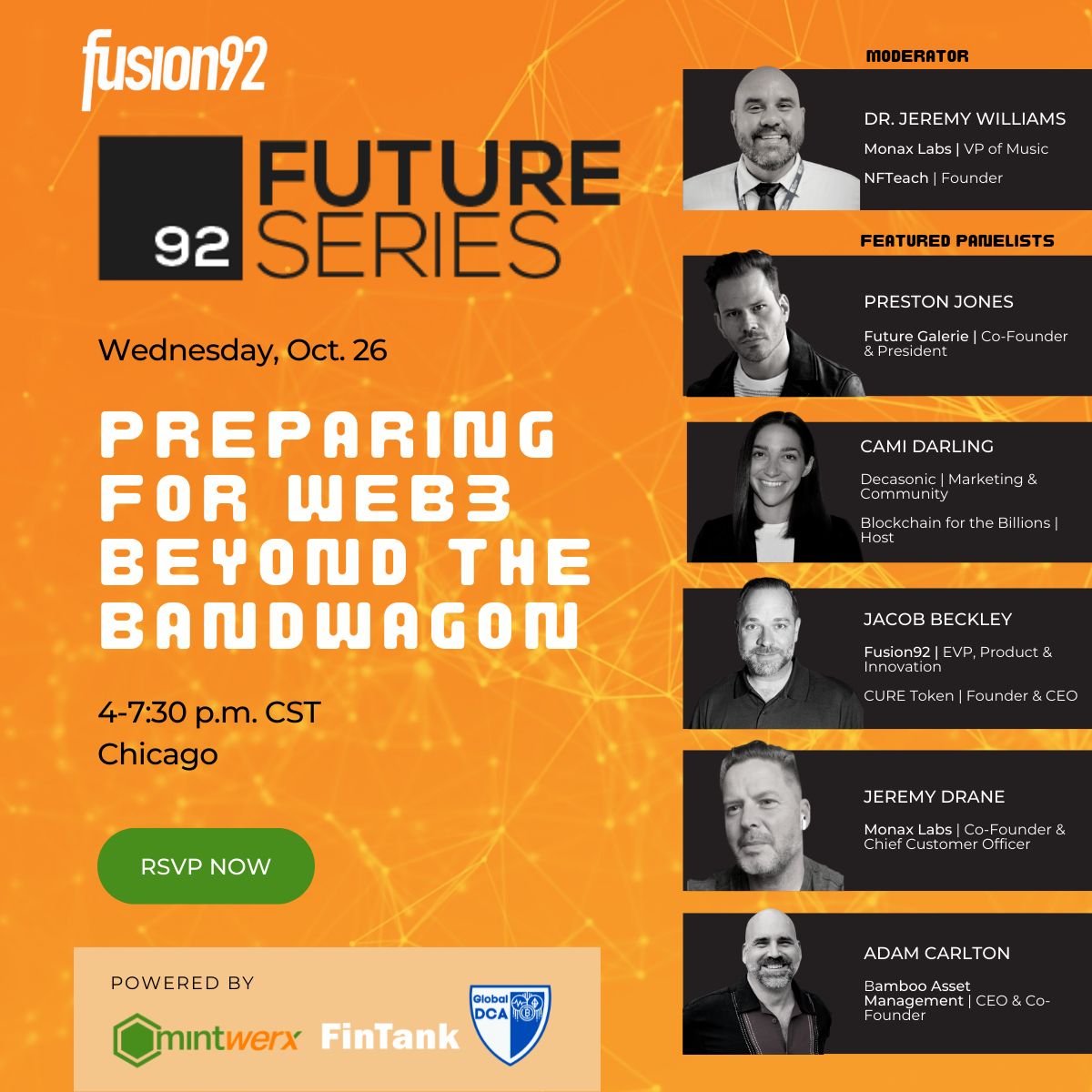 decasonic's tweet photo. Happening this week in #ChicagoWeb3:
@fusion92 Future Series: Preparing for Web3 Beyond the Bandwagon ft. @camidarling 10/26 - https://t.co/gpBdDVkcq6
@Decasonic's Founders and Funders event with @sterlingbay and @huntclubco 10/27 - DM for details
Any others we missed? ๐๐๐ฅ https://t.co/Lu0pYXfNCn