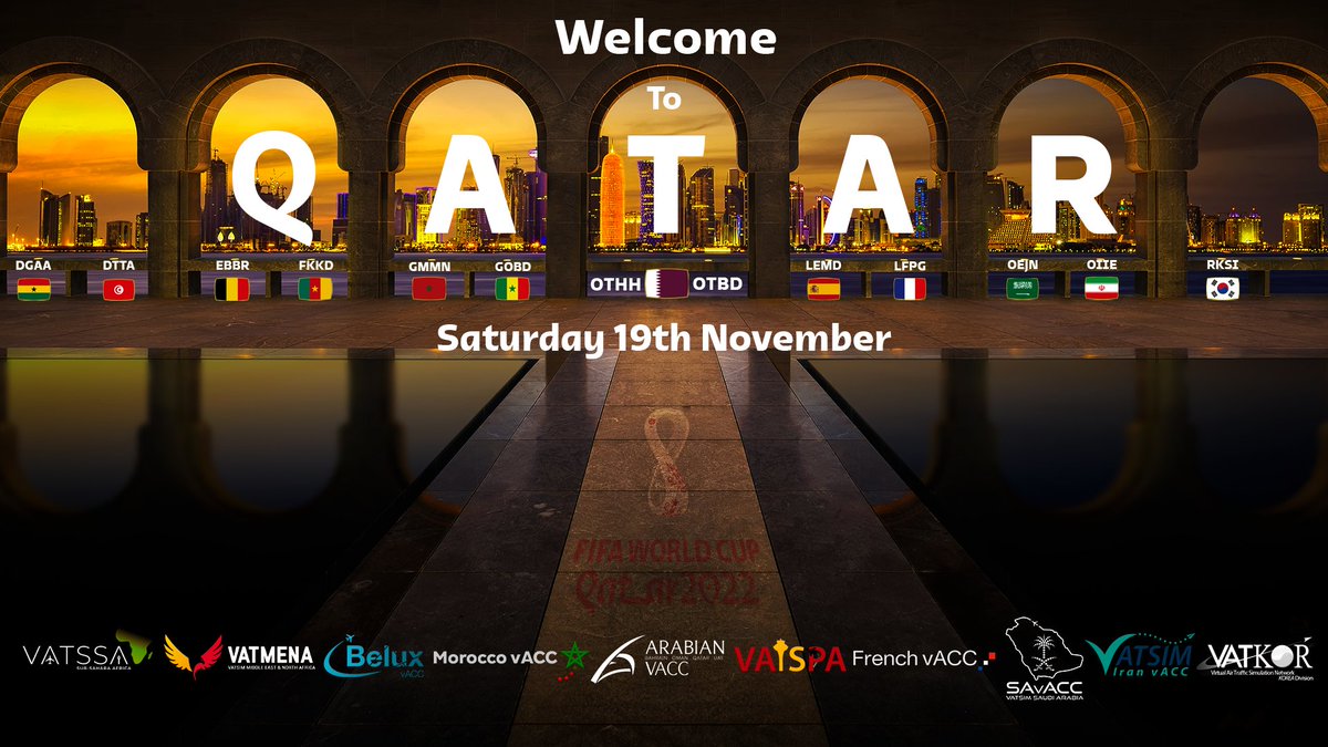 The Arabian vACC welcomes everyone to the World Cup event Welcome to Qatar happening on Saturday 19th of November 2022 in collaboration with 9 vACCs one of them is the Saudi Arabia vACC!

Check the HQ for more information!

All the best to the Saudi team in the World Cup!