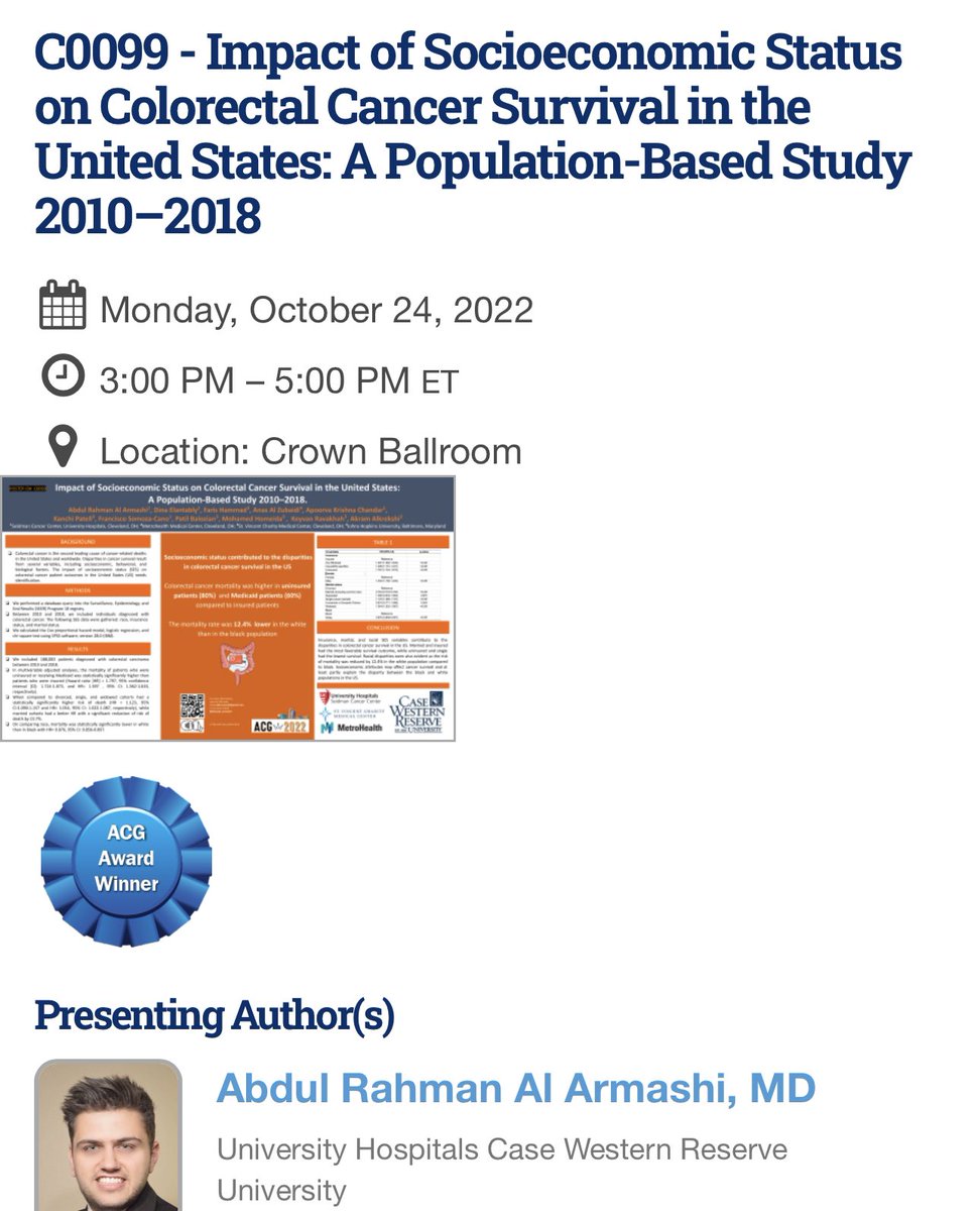 👨‍🏫 I will be presenting a study in the #ACG2022 Meeting about:

ℹ️ Impact of Socioeconomic Status on Colorectal Cancer Survival in the United States

🤩 I hope to see you all! 

#ACG #GITwitter #MedTwitter #ACG2022iRL #SEER <a href="/AmCollegeGastro/">ACG</a> 

➡️cdmcd.co/w39BjZ