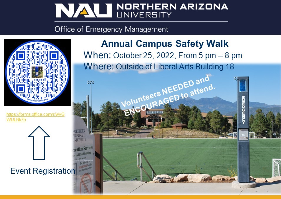 ➡️ Volunteers are needed TOMORROW for #NAU's Annual Blue Phone Campus Safety Walk Tues., October 25, 2022 ➡️ Please scan the QR code to register, or click here: bit.ly/3yTp3vS