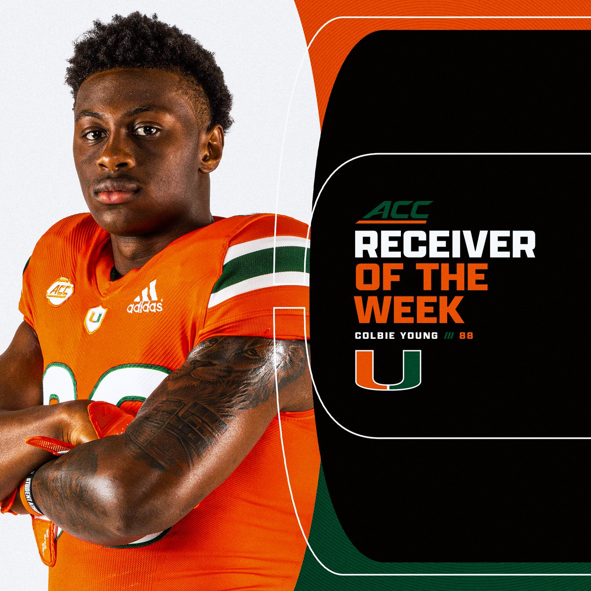 Colbie Young has been named @ACCFootball Receiver of the Week. He totaled six catches for 127 yards and two touchdowns against Duke on Saturday. More: canes.news/3CZRGc9