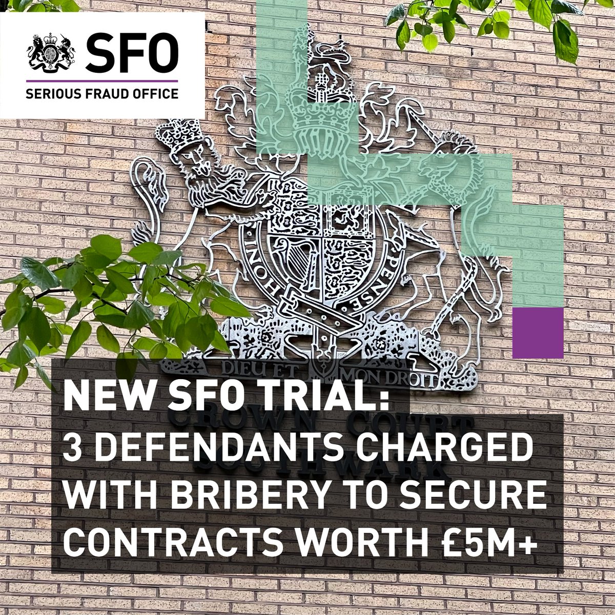 UKSFO's tweet photo. Today, we opened our fourth trial of 2022 ⚖️

Multiple defendants have been charged with bribery to secure office refurbishment contracts worth over £5 million, following an SFO investigation. https://t.co/PyqEWJj4zF