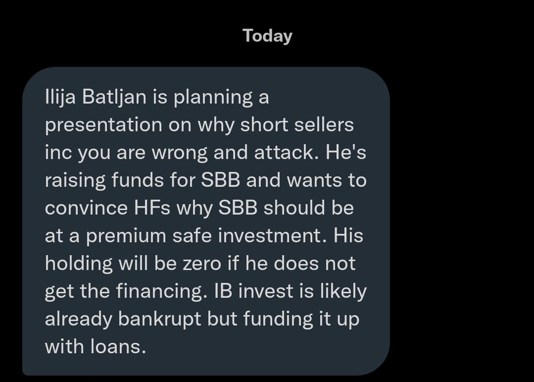 Woah! As $SBB progresses as planned, here's some news about <a href="/ilija_batljan/">Ilija Batljan</a> &amp; #SBB. 

#Batljan may need legal advice before visiting the UK, as he can run his mouth off with zero substance. Pretty much like all bad mgmt everywhere.

If this is true SBB investors are #screwed.
