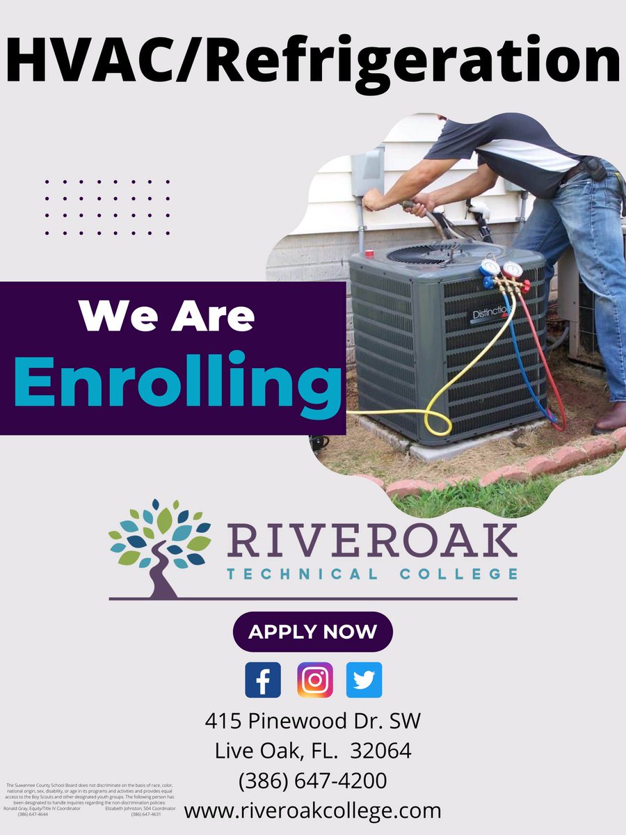 RIVEROAK is offering an evening HVAC/Refrigeration 1 program!
Give Student Services a call at 386-647-4210 for additional information.

It's the perfect time to #GrowYourFutureWithUs!

#GetThereFL
#CTEWorks
#fltechcolleges
#fltechnicalcolleges
#earnacareerinayearfl