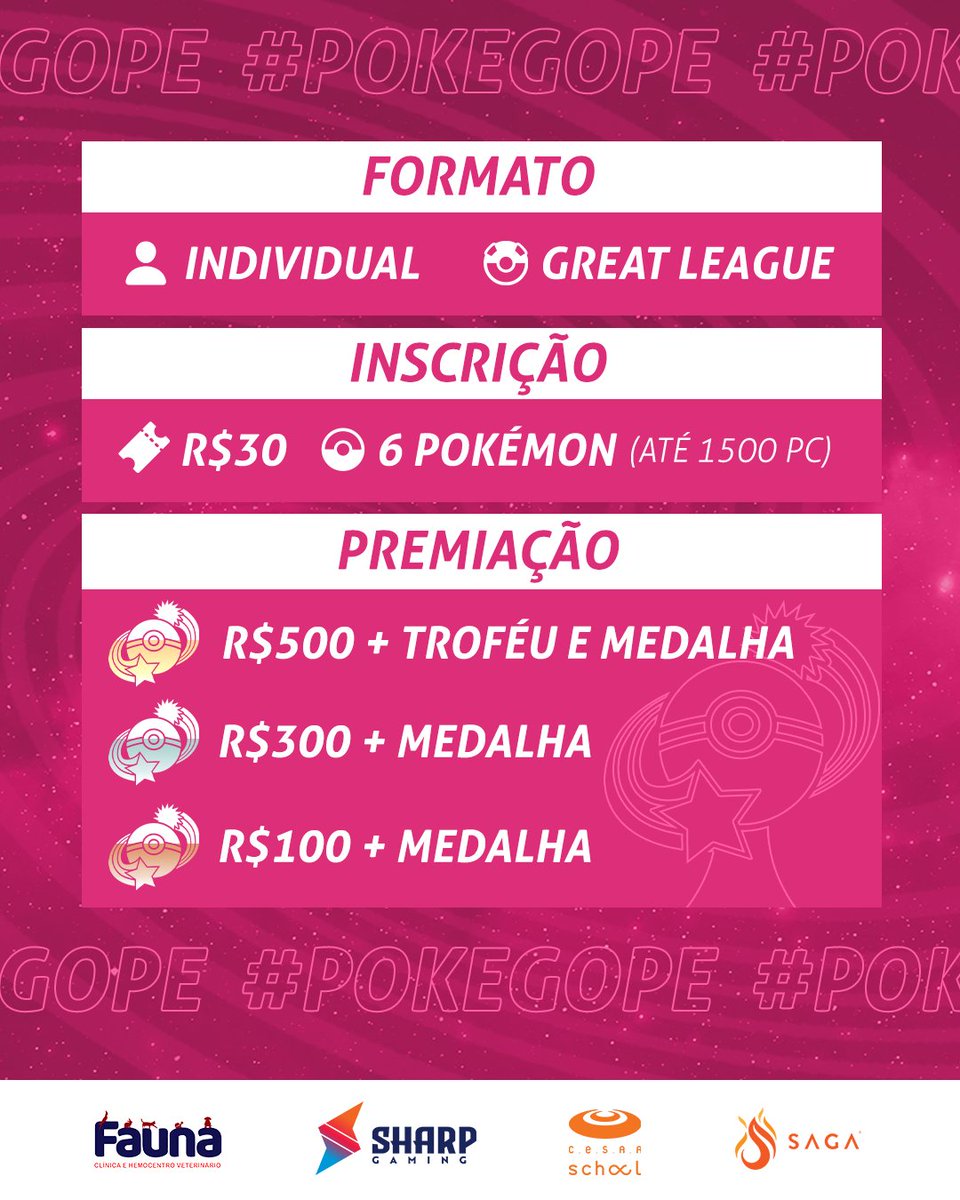 sharpgamingbr's tweet photo. 🗓️DATA
Dias 03 e 04 de Dezembro

📍LOCAL
CESAR School, Rua do Bom Jesus, 10, Recife - PE

🕹️FORMATO
O formato será individual &amp; Great League Open (Sem megas)

🏆 PREMIAÇÃO
🥇 - R$500* + Troféu e Medalha
🥈 - R$300* + Medalha
🥉 - R$100* + Medalha
*Valor sujeito a aumento! https://t.co/LfVxByRChG