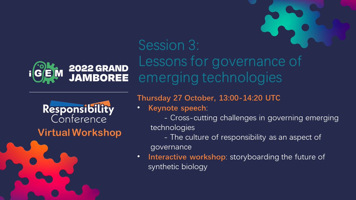 Virtual Workshops during the Jamboree! 

iGEM responsibility program will have some virtual interactive sessions during the Jamboree, so that remote teams and experts can participate. You can find the info here: jamboree.igem.org/2022/remote-pa… 

register here: 
surveymonkey.com/r/igemvirtuals…