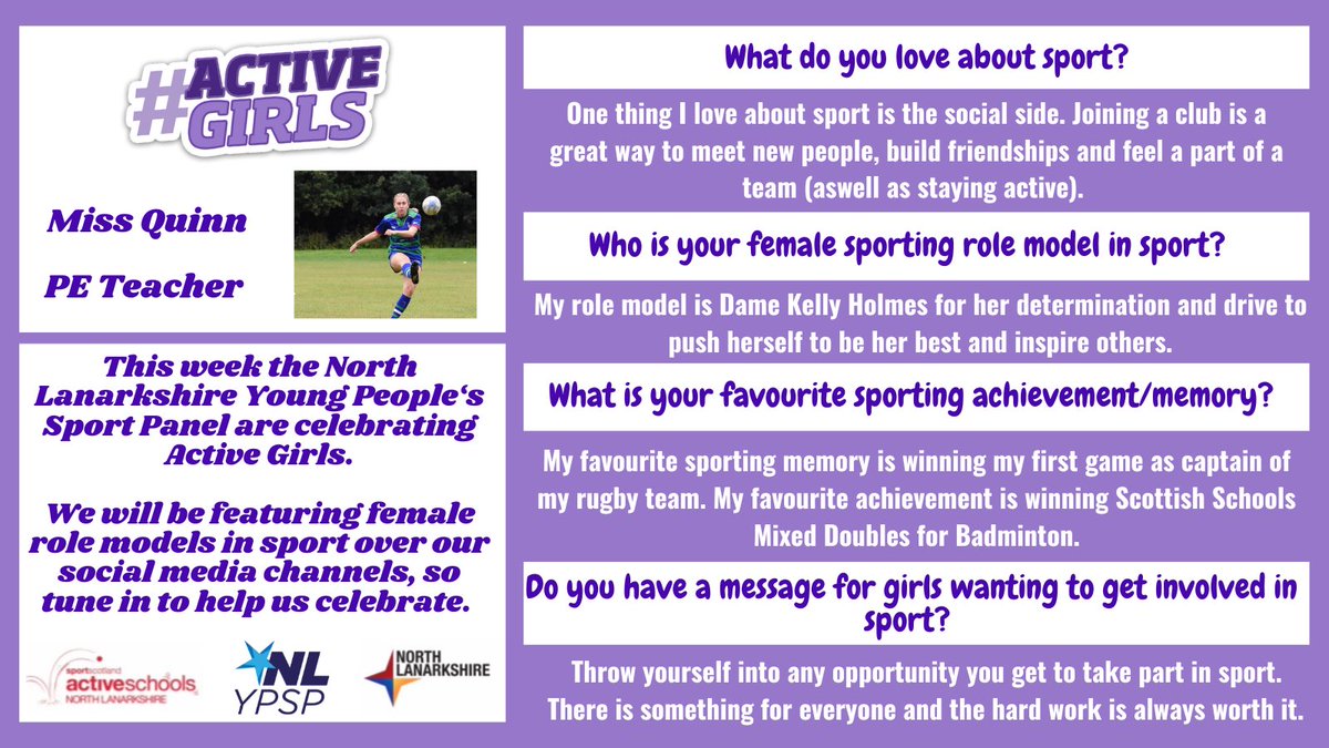 NorthLanYPSP's tweet photo. This week we are celebrating #ActiveGirls by featuring female role models in sport over our social media channels. 

To kick off our week, we have Miss Quinn who is a PE teacher at @CumberAcadPE 

@NLActiveSchools @sportscotland @YouthSportTrust https://t.co/tir5l7gI7O
