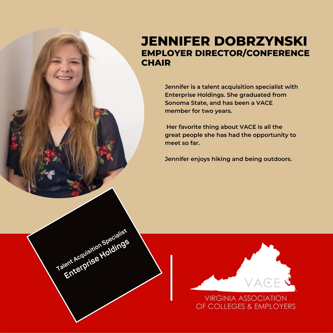 vaceoutreach's tweet photo. Meet Jennifer Dobrzynski, the employer director/conference chair on the VACE board. Jennifer is a talent acquisition specialist with Enterprise Holdings.  Jennifer enjoys hiking and being outdoors.
#vace #careerservices #virginia https://t.co/Nv43Gzb3Jd
