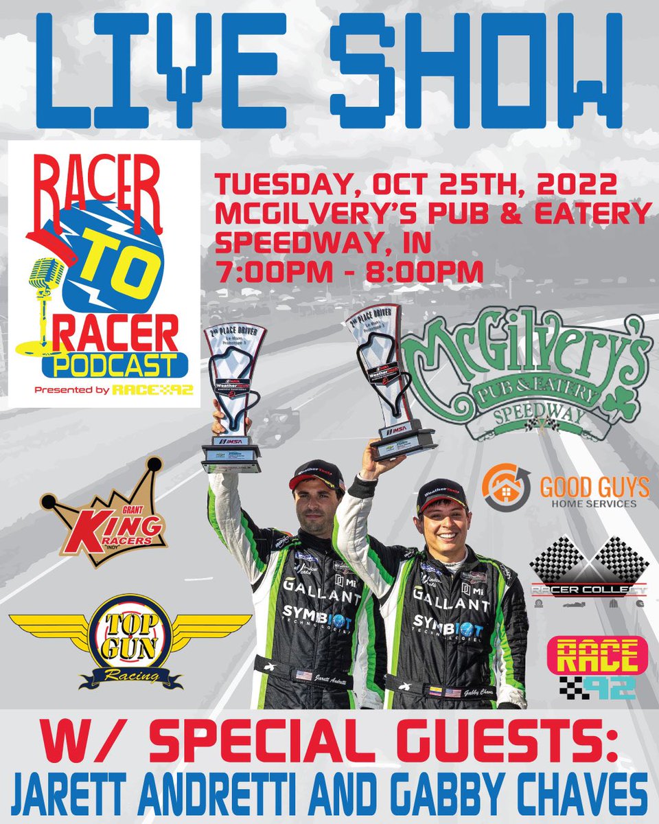 RacertoRacer's tweet photo. ‼️ Join us, @GabbyChaves and
@JarettAndretti live Tomorrow (Tuesday)
at McGilvery's in Speedway at
7pm! Special thanks to @TopGunRacing75 and Grant King Race Shops! https://t.co/dgOT9olrrJ