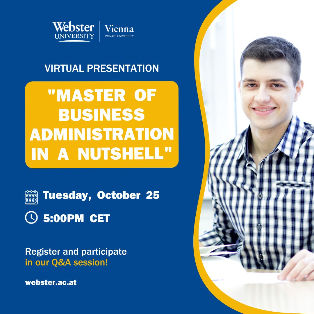 WebsterVienna's tweet image. Tomorrow’s the day!

If you’re considering studying for an #MBA in #Vienna, join us at our #VirtualLectures to learn more about the experience of studying at #WVPU!

📅 Tuesday, October 25th, 2022
🕒 Starting at 5:00PM CET

Register here: hubs.li/Q01qwh170