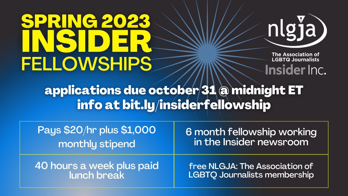 📅 Applications for the Insider Fellowship are due in 1⃣ week! All that's needed to apply is: 1) a resume/CV 2) five work samples 3) a cover letter explaining the coverage area you're interested in and why you want to work with Insider Email your application to info@nlgja.org!