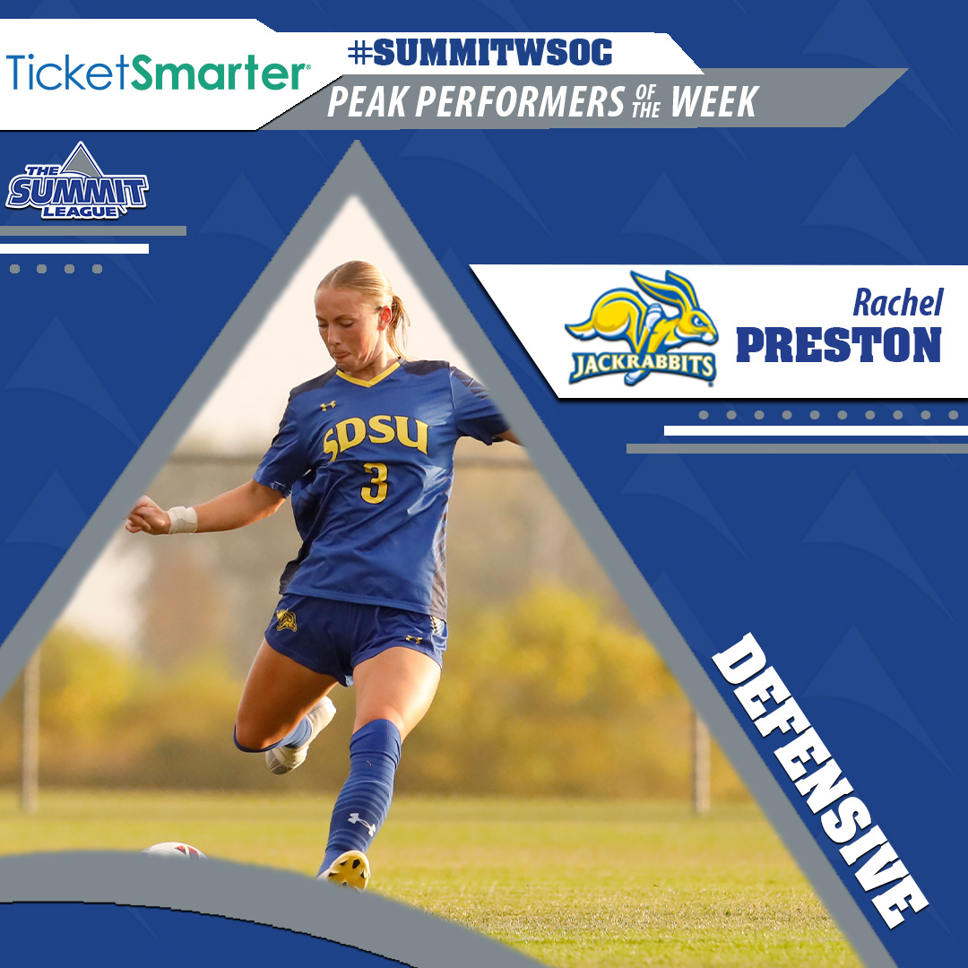 TheSummitLeague's tweet photo. The season's final @TicketSmarter #SummitWSOC Defensive Peak Performer of the Week helped record 2⃣ road sweeps &amp; became the program’s all-time minutes record holder with 6,945 minutes played‼️

⚽️ Rachel Preston, South Dakota State ⚽️

📰 https://t.co/OzldCAmVHB

#ReachTheSummit https://t.co/rFL4FWXWiw