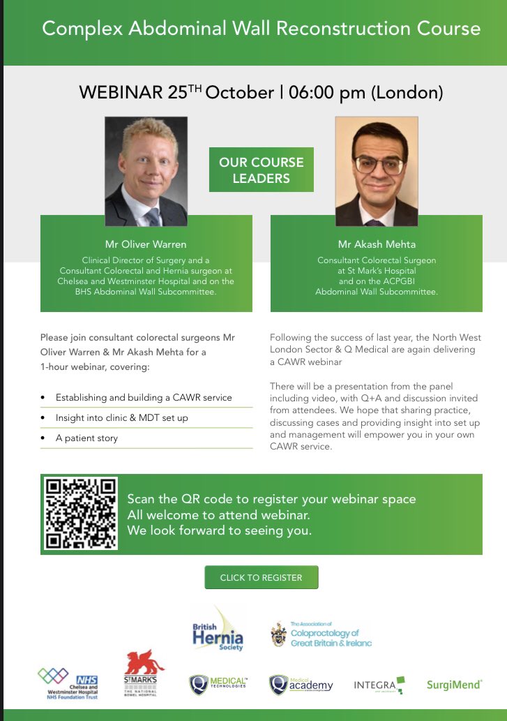 Looking forward to this CAWR webinar tomorrow at 6pm with @DrOliverWarren & @AM_colorectal in partnership with @BritishHernia & @ACPGBI - Webinar Registration here: bit.ly/CAWR2022 #CAWR @QMedicalUK @integra_life