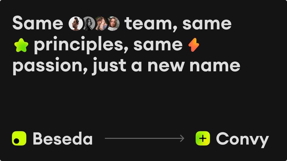 convychat's tweet photo. New chapter: Beseda is now Convy 🖤

It’s like convenient, convey and conversation in one word. 
Jump in → https://t.co/KjZYJ4nlUN https://t.co/JaumM07VNF