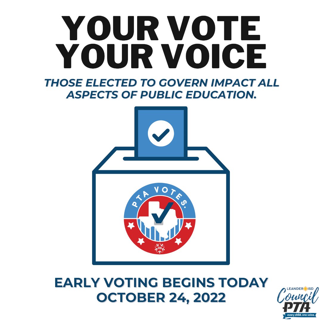 Early voting begins today! 
Check out our Council's Advocacy Page for voting resources - lisdptacouncil.com/advocacy. It includes informational links: 
👉 Leander ISD's Prop A and B
👉Video and transcript (📃NEW❗️) of the Candidate Forum with all 14 School Board candidates.