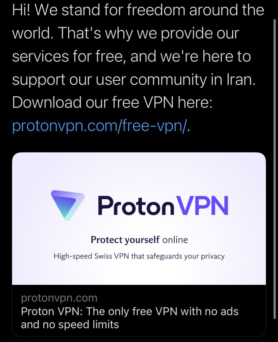 🆘
 کمپانی پروتون ارائه دهنده سرويس هاى   وی پی ان رسما حمایت خودش رو از کاربران ایرانی اعلام کرد!
#مهسا_امینی 
#اعتصابات_سراسرى