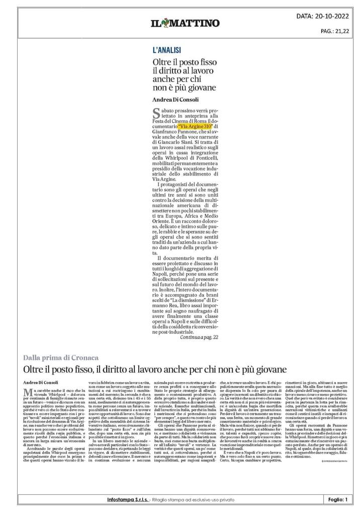 #viaargine310, la mia risposta su il <a href="/mattinodinapoli/">Il Mattino</a> all'amico #andreadiconsoli in merito a un suo pezzo, qui pure pubblicato, sul mio film doc e in più su luco e ombre della classe operaia a Napoli. Si apra il dibattito!
<a href="/RomaFilmFest/">Roma Film Festival</a>
<a href="/RaiCinema/">Rai Cinema</a> 
<a href="/ArchivioAAMOD/">AAMOD</a> 
#bartlebyfilm